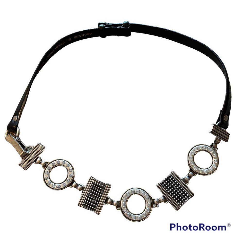 Chicos Statement Belt Sz Small Medium Metal Shapes Rhinestone Adjustable Leather